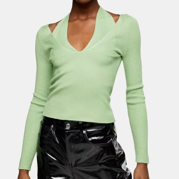 TopShop Pale Green Strappy Halter Neck Cutout Knit Top. US 8-10. - Picture 1 of 4